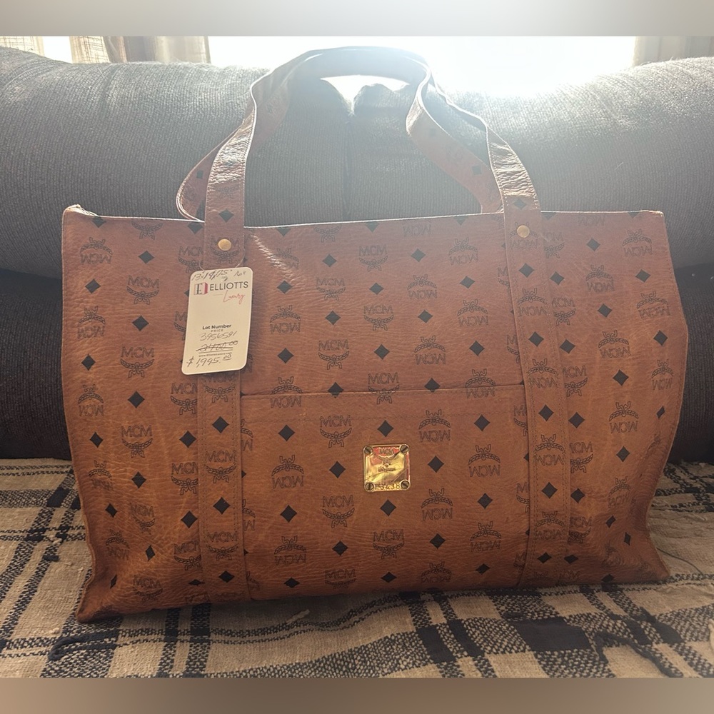 MCM Munchen Cognac Visetos Signature Leather and Canvas XXL Travel Tote Bag RARE